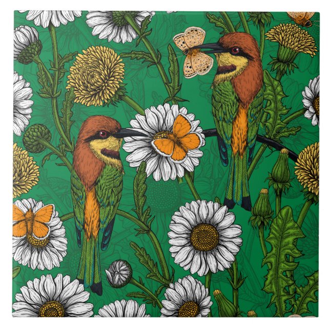 Bee eaters on a spring meadow ceramic tile (Front)