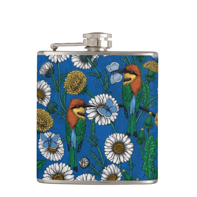 Bee eaters on blue hip flask (Front)