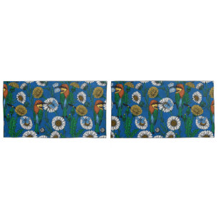Bee eaters on blue pillowcase