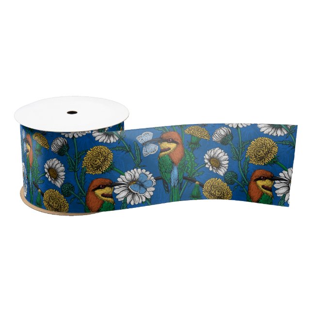 Bee eaters on blue satin ribbon (Spool)