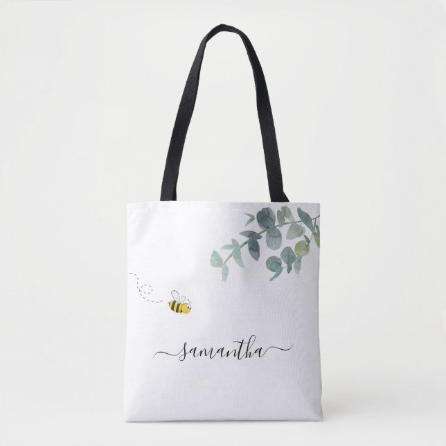 Bee eucalyptus greenery white name script cute tote bag (Front)