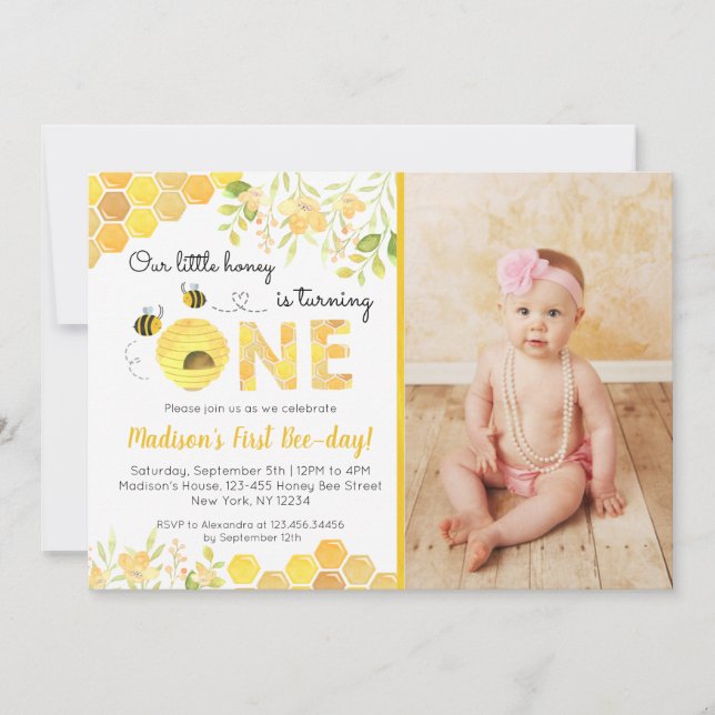Bee First 1st Photo Birthday party invitations  (Front)