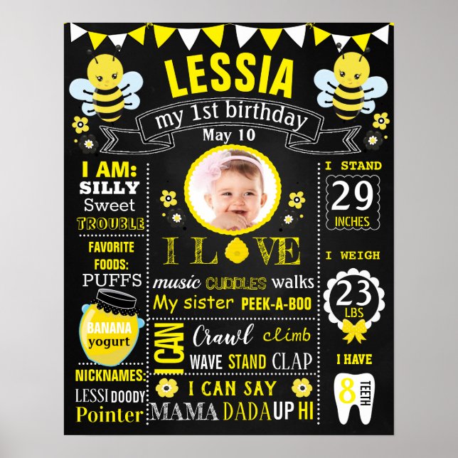 Bee First Birthday chalkboard sign board (Front)