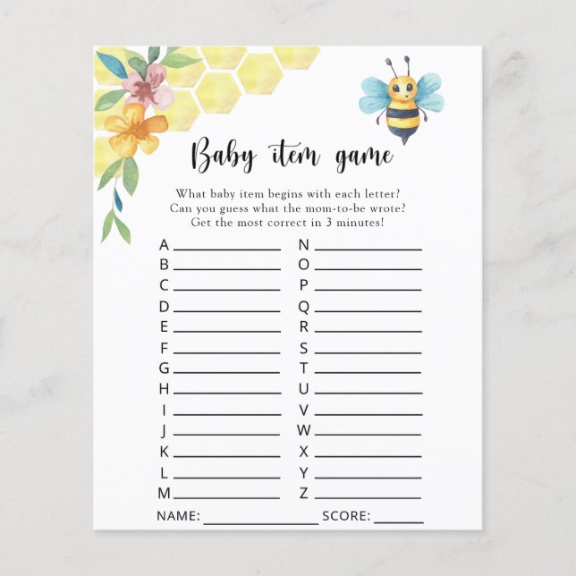 Bee floral - Baby Item Game. Baby Shower Game (Front)