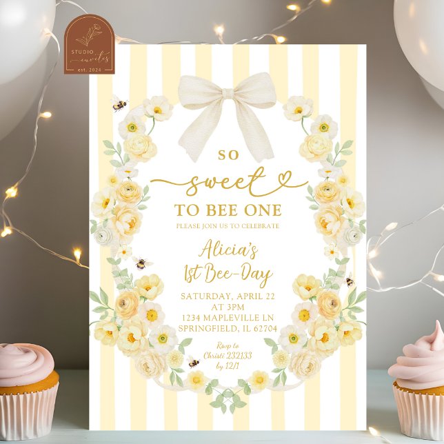 Bee Floral Bow Coquette 1st Bee-Day Invitation (Creator Uploaded)