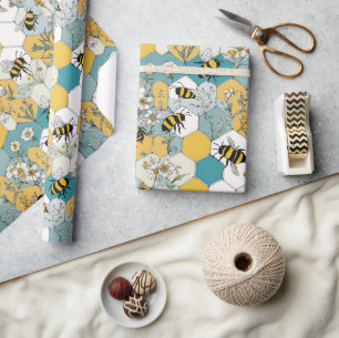 Bee Floral Honeycomb Pattern with Daisies Wrapping Paper
