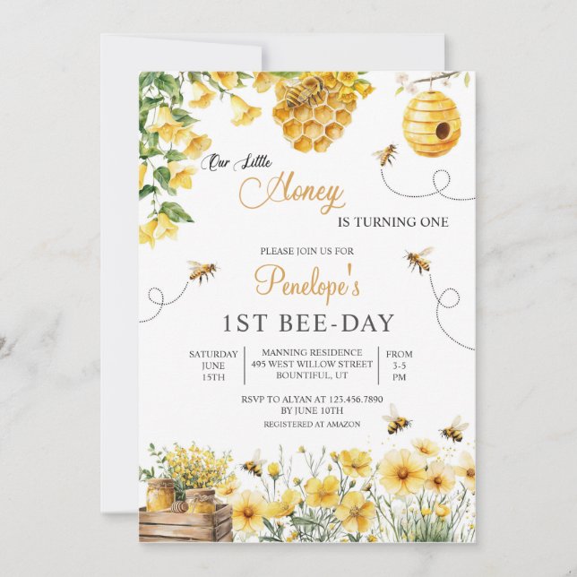 Bee Flower Our Little Honey Is Turning Birthday Invitation (Front)