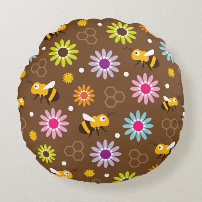 Bee & Flowers Round Cushion (Front)
