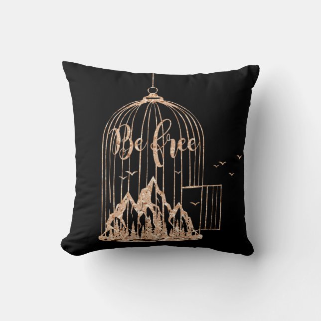 Bee Free Out Of Cage Birds Pink Rose Copper Black Cushion (Front)