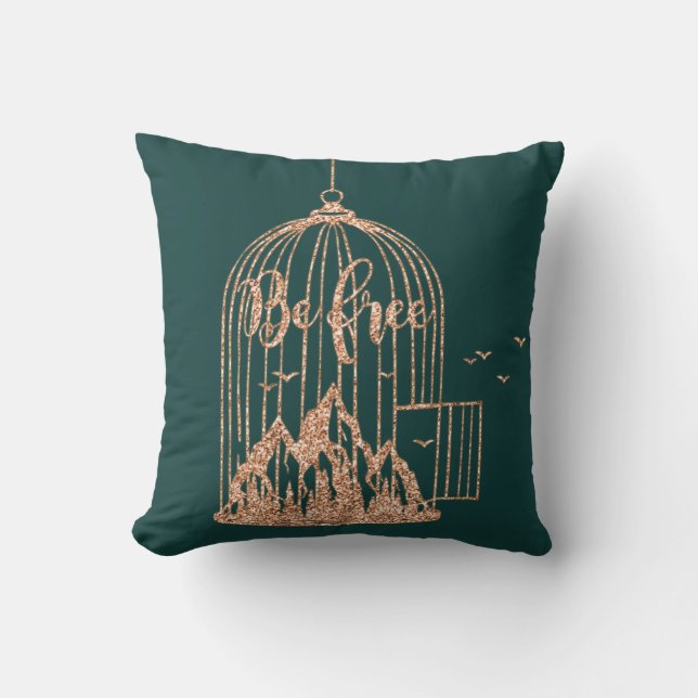 Bee Free Out Of Cage Birds Rose Gold Copper Teal Cushion (Front)