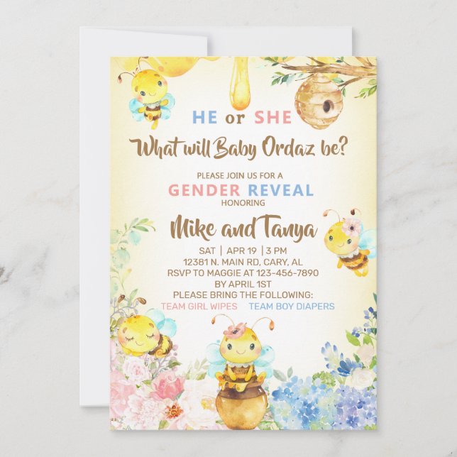 Bee gender reveal invite, bumblebee honeybee. invitation (Front)