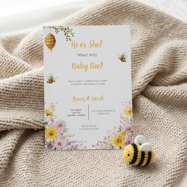 Bee Gender Reveal • What Will Baby Bee Invitation (Baby Bee gender reveal invitation on beige knit blanket with crochet bee toy in soft daylight)