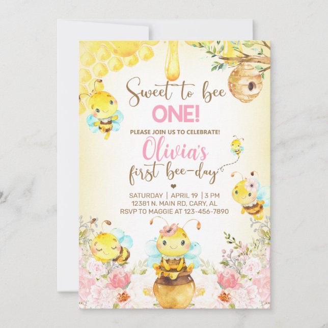 Bee girl 1st birthday invite, bumblebee, honeybee. invitation (Front)