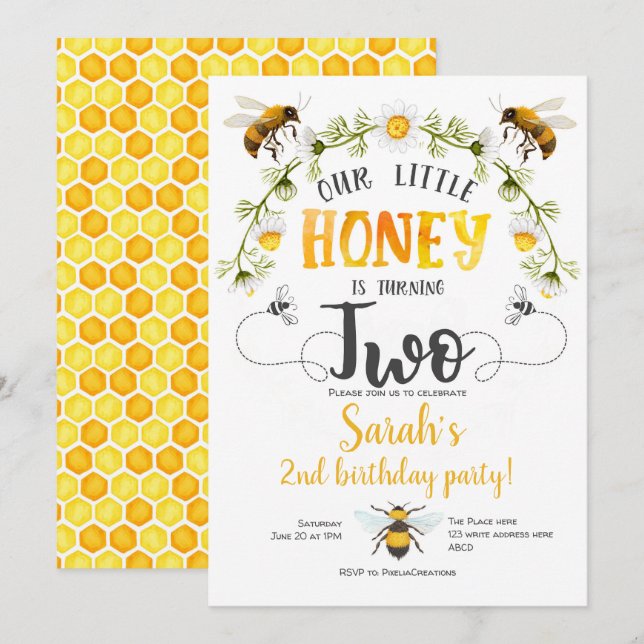 Bee, girl, 2nd birthday, Little Honey, BUmble bee Invitation (Front/Back)