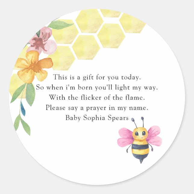  Bee girl baby shower - Prayer candle label (Front)