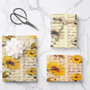 Bee Gnome Sunflower Wrapping Paper Sheet