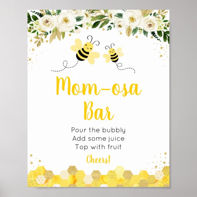 Bee Gold Floral Baby Shower Mimosa Bar Sign (Front)