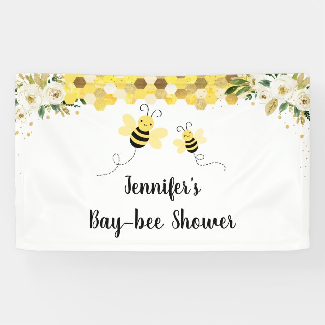 Bee Gold Floral Gender Neutral Baby Shower Banner (Horizontal)
