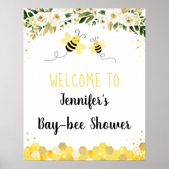 Bee Gold Floral Gender Neutral Baby Shower Welcome Poster (Front)
