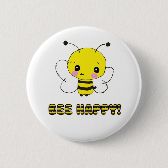 Bee happy 6 cm round badge (Front)