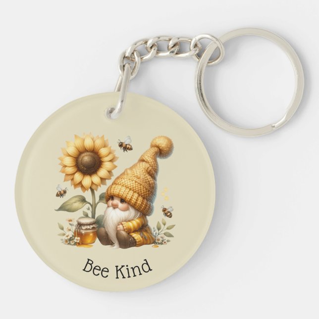Bee Happy! Bee Kind!  Gnomes, Bees & Flowers Key Ring (Back)
