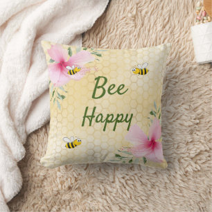 Bee Happy bees yellow honeycomb pink flowers Cushion