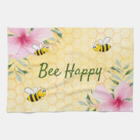 Bee Happy bees yellow honeycomb pink flowers