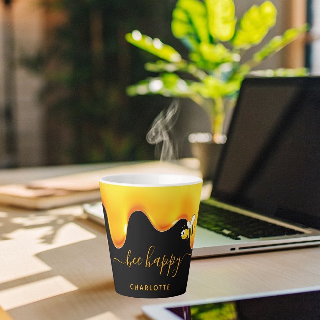 Bee Happy black cute bumble bees dripping honey Latte Mug (Creator Uploaded)