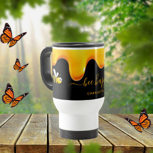 Bee Happy black cute bumble bees dripping honey Travel Mug