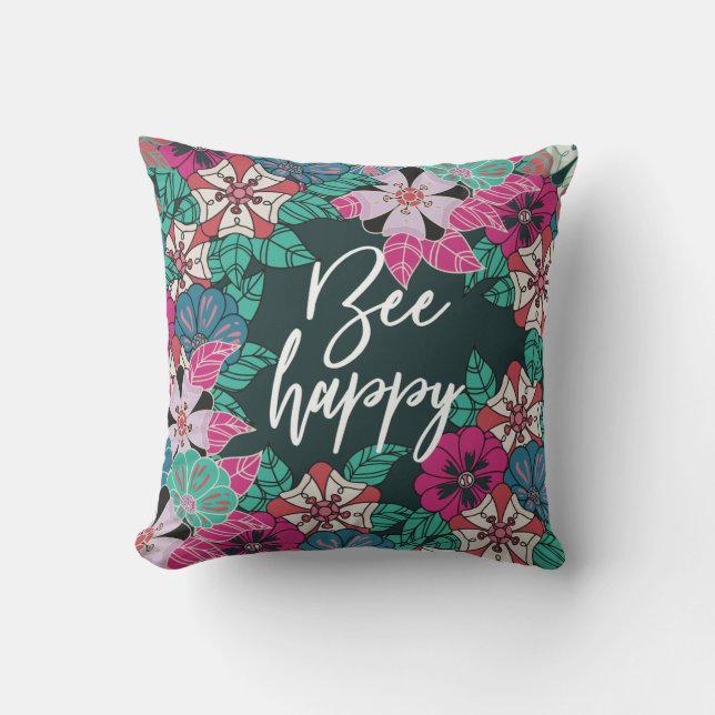 Bee Happy Blossoms Floral Art Cushion (Front)