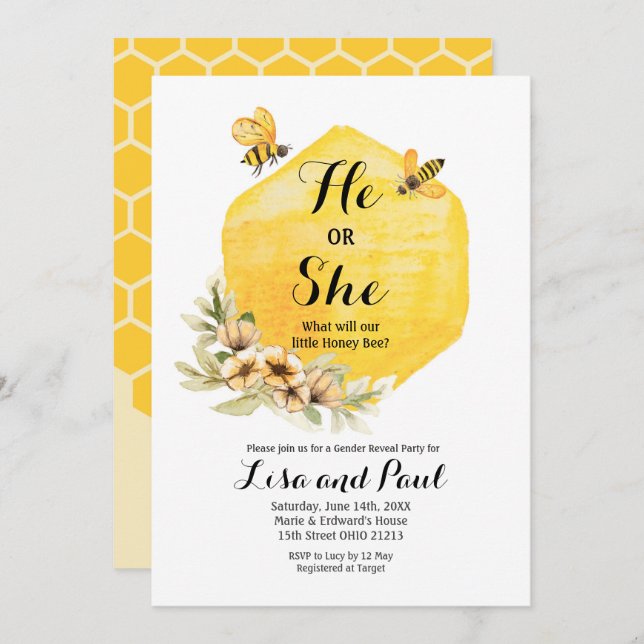 Bee Happy Botanical Gender Reveal Invitation (Front/Back)