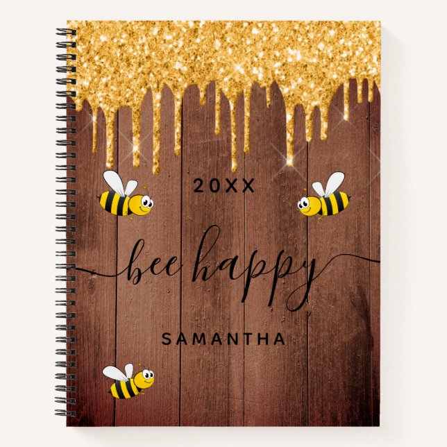 Bee happy brown wood gold glitter drips name notebook (Front)