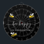 Bee happy bumble bees black monogram dartboard<br><div class="desc">Decorated with happy,  smiling yellow and black  bumble bees. A black background. White hand lettered script and the text: Bee Happy.  Personalise and add your family name.</div>