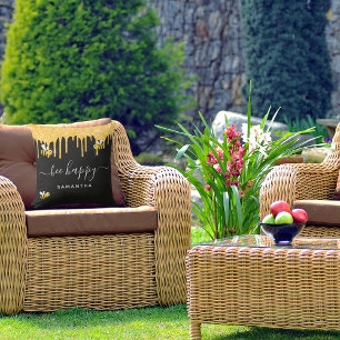 Bee happy bumble bees glitter black gold monogram cushion