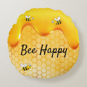 Bee Happy Bumble bees honeycomb honey dripping Round Cushion