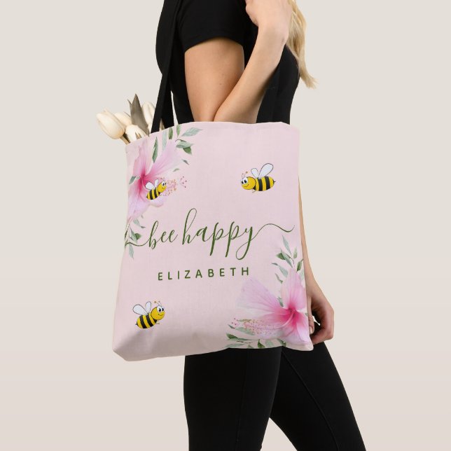Bee Happy bumble bees rose gold floral monogram Tote Bag (Close Up)