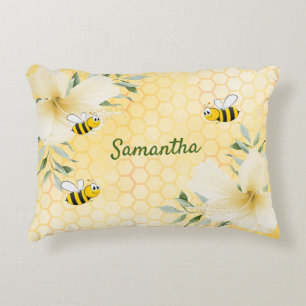 Bee Happy bumble bees yellow honeycomb name Decorative Cushion