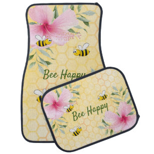 Bee happy bumble bees yellow honeycomb summer car mat