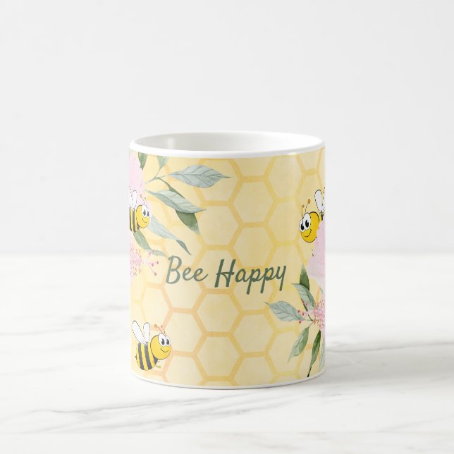 Bee Happy bumble bees yellow honeycomb summer Coffee Mug (Center)