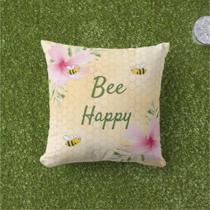 Bee Happy bumble bees yellow honeycomb summer Cushion