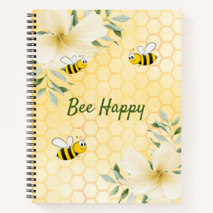 Bee Happy bumble bees yellow honeycomb summer Notebook