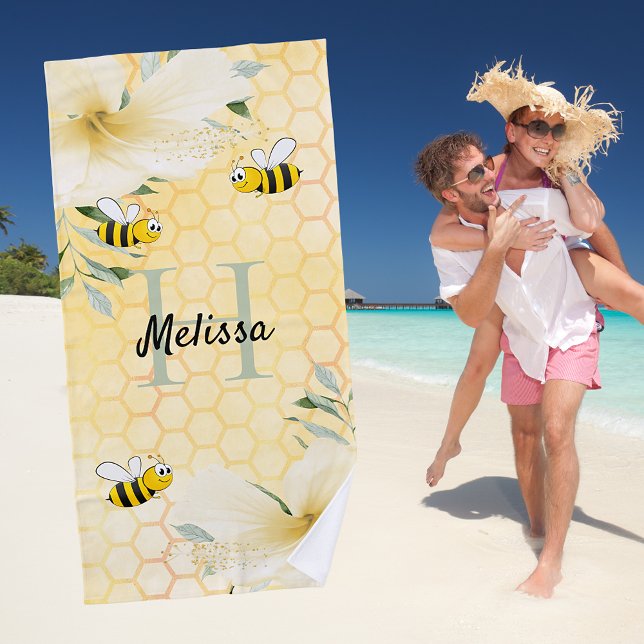 Bee Happy bumble bees yellow honeycomb sweet Beach Towel (Creator Uploaded)