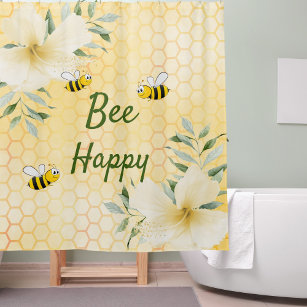 Bee Happy bumble bees yellow honeycomb sweet cute Shower Curtain