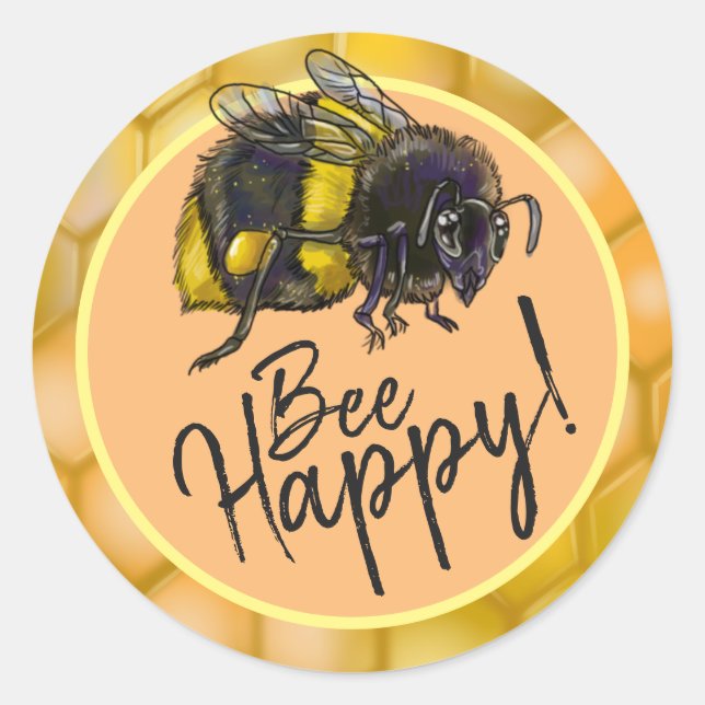Bee Happy! Bumblebee Classic Round Sticker (Front)