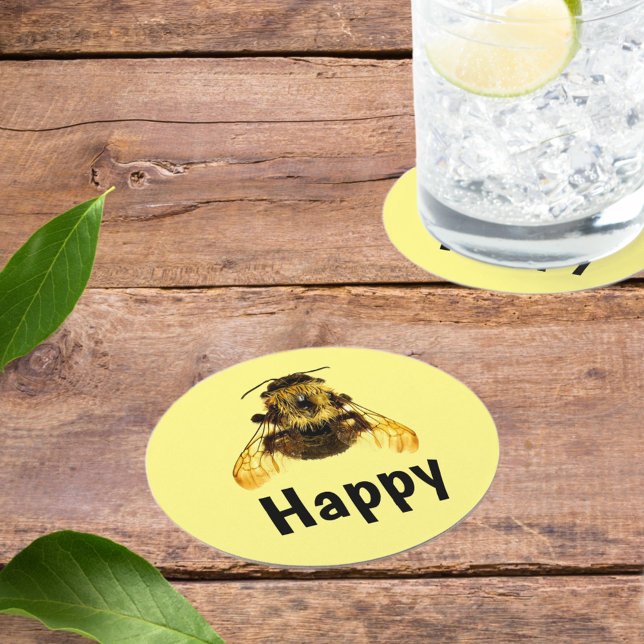 Bee Happy BumbleBee Fun Photographic Round Paper Coaster (Creator Uploaded)