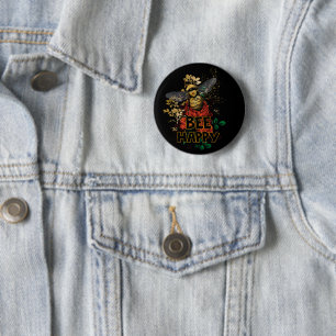 Bee Happy Colourful Bee and Flowers 6 Cm Round Badge