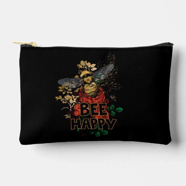 Bee Happy Colourful Bee and Flowers Accessory Pouch (Front)