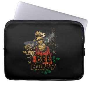 Bee Happy Colourful Bee and Flowers Laptop Sleeve