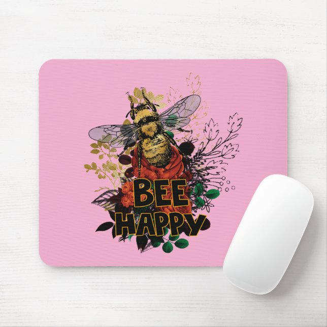 Bee Happy Colourful Bee and Flowers Mouse Pad (With Mouse)