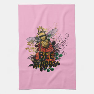 Bee Happy Colourful Bee and Flowers Tea Towel